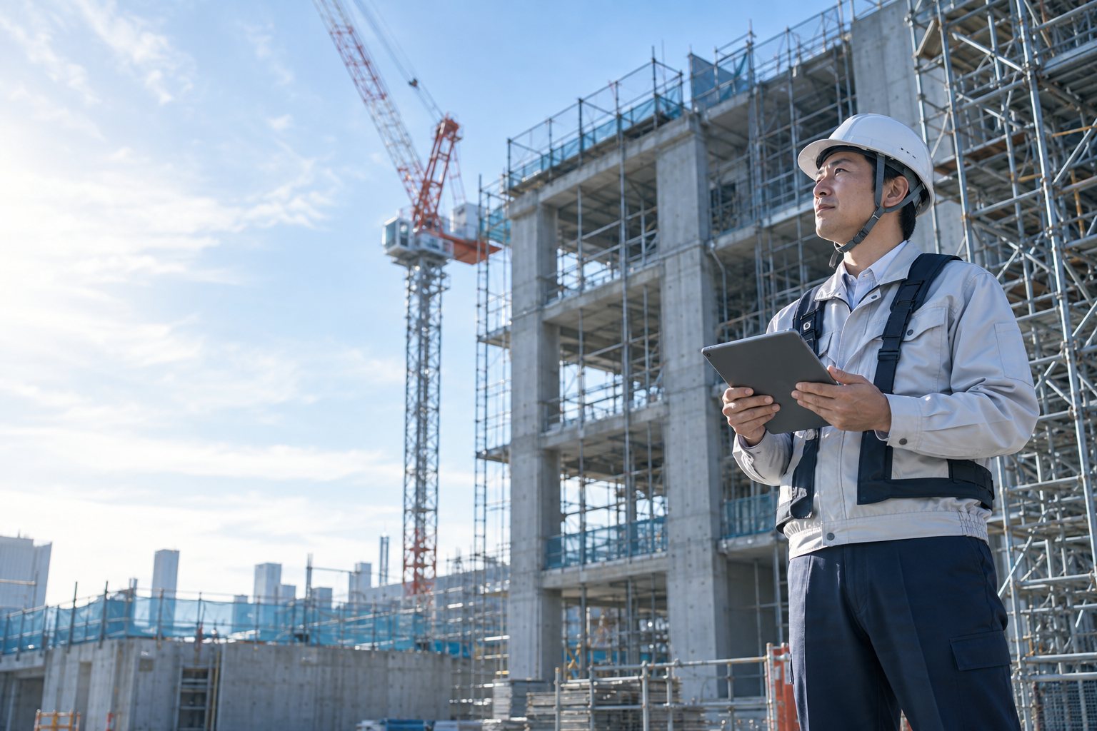 タブレットを手に建設現場を確認する現場担当者