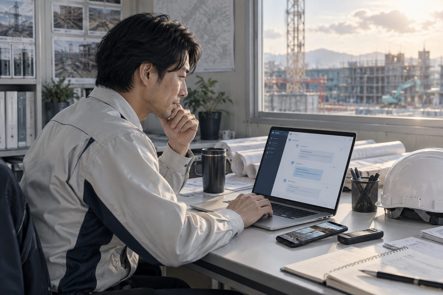 現場情報をもとにAIへ日報作成を相談する建設担当者