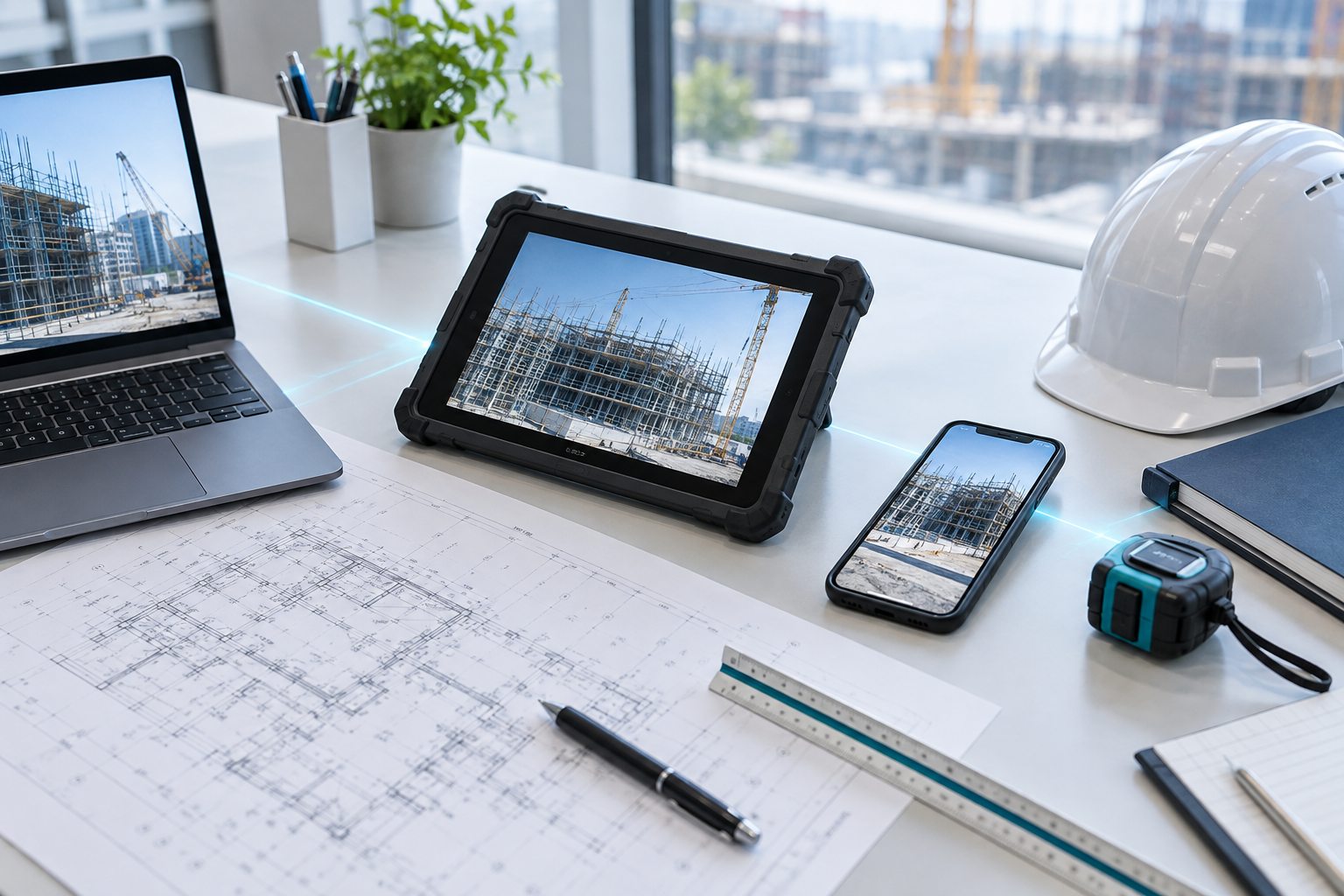 パソコン、タブレット、スマートフォンで現場情報を連携するイメージ