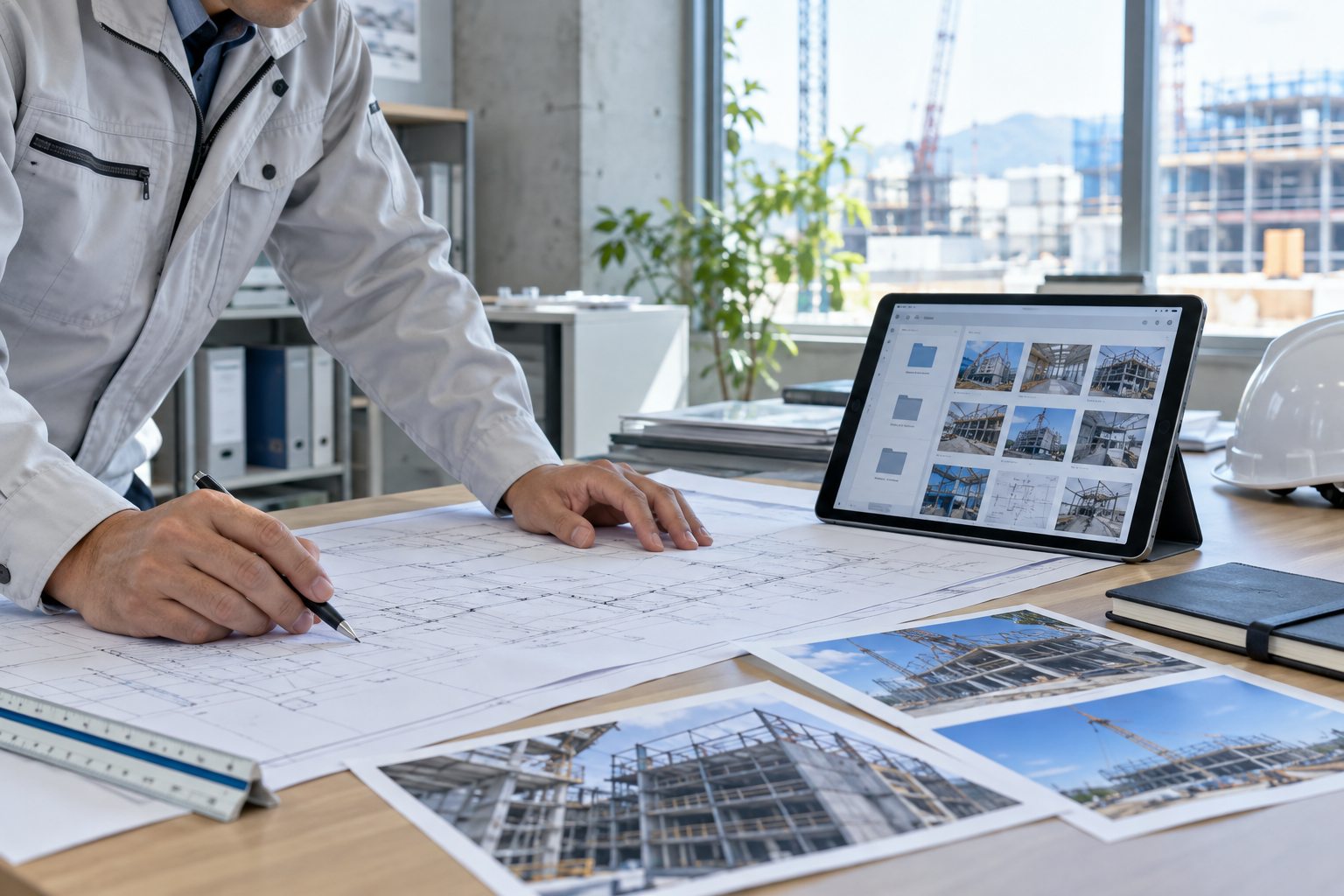 図面と現場写真をタブレットで一元管理する建設担当者