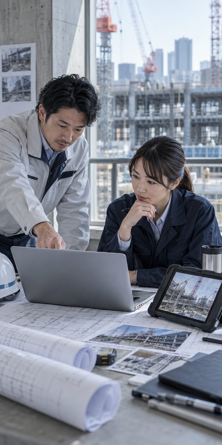 図面、パソコン、タブレットを使って案件情報を確認する建設担当者