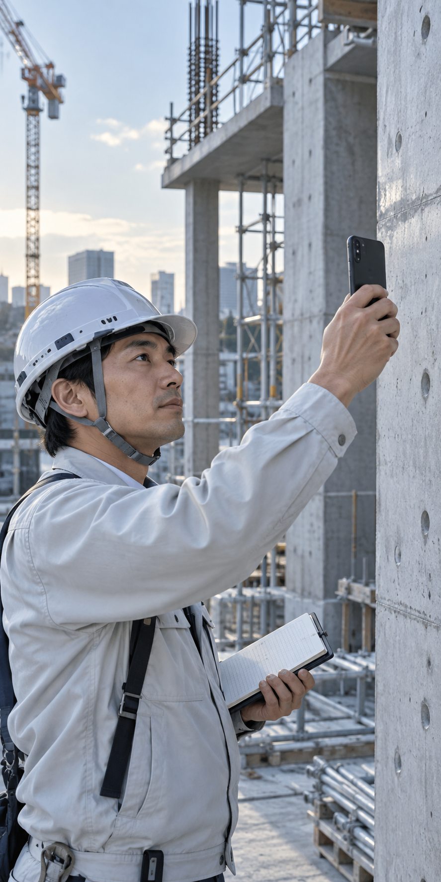 建設現場をスマートフォンで撮影して記録する現場監督
