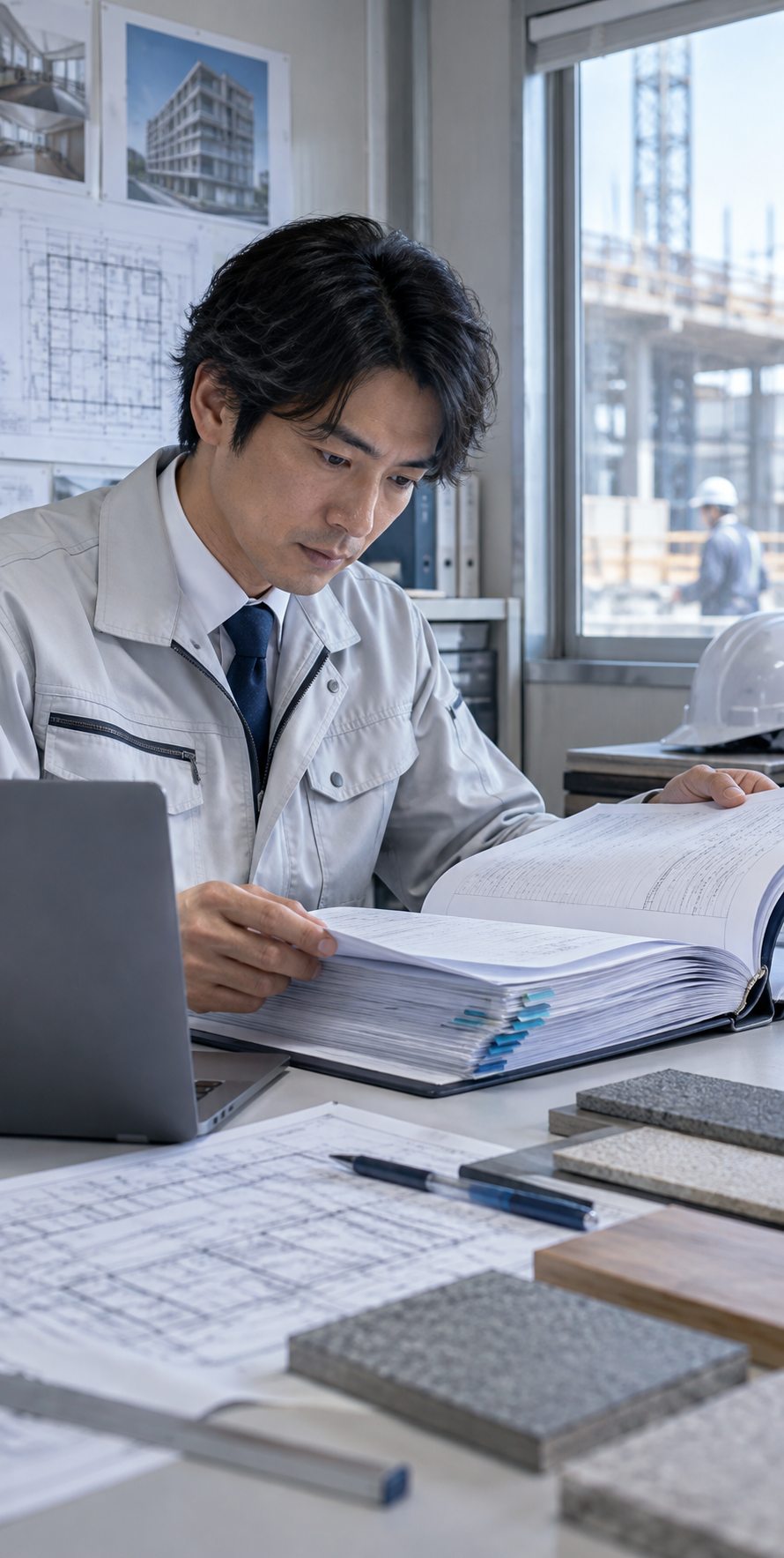 建設現場の事務所で厚い仕様書を確認する担当者