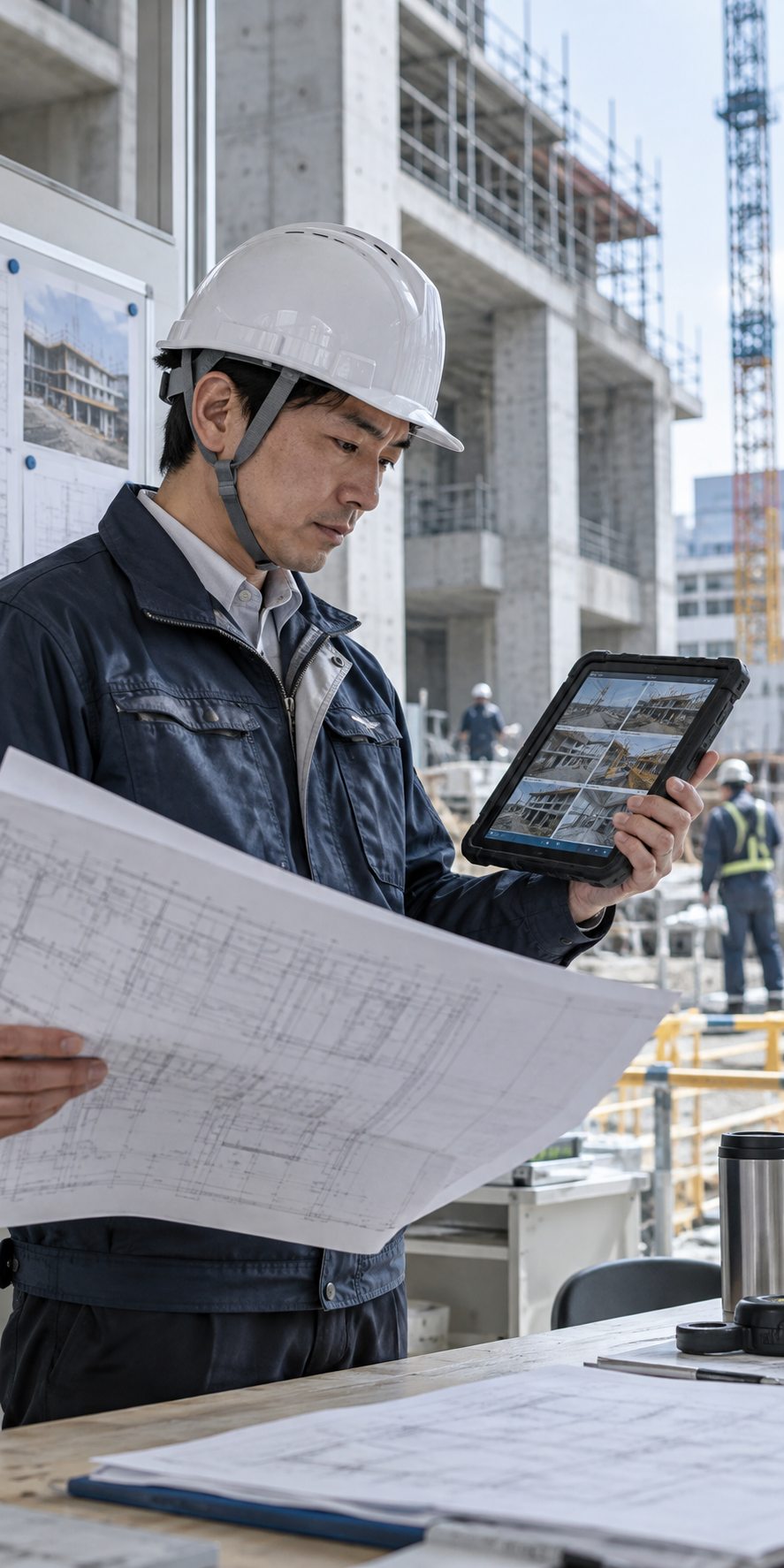 図面を広げながらタブレットで現場写真を確認する建設担当者